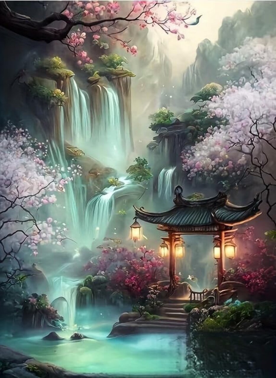 Waterfall Landscape Diamond Art Kits for Adult,Flower Gazebo Diamond Painting Kits,Full Drill Paint with Diamond Dot Gem Art Painting for Home Decor